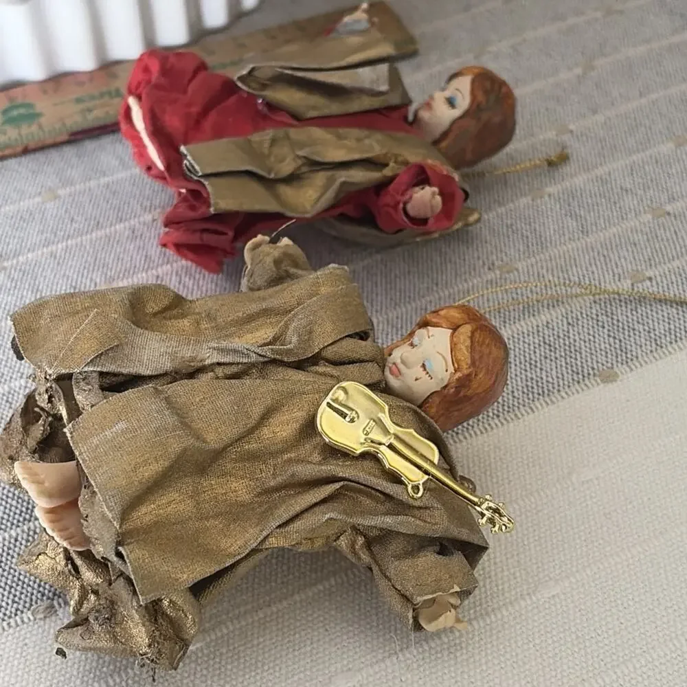 Angel Red Gold Robes Musician Vintage Cottagecore Christmas Ornament‎ Lof of 2